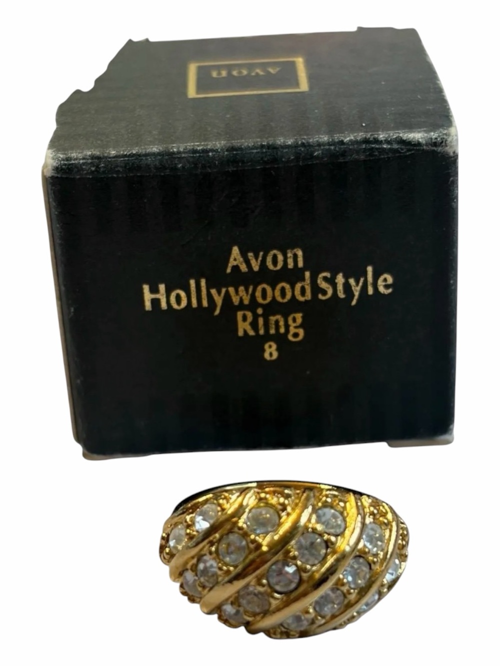 Vintage Avon "Hollywood Style" Ring Gold Tone Swirl Rhinestone Diagonal Sz 8